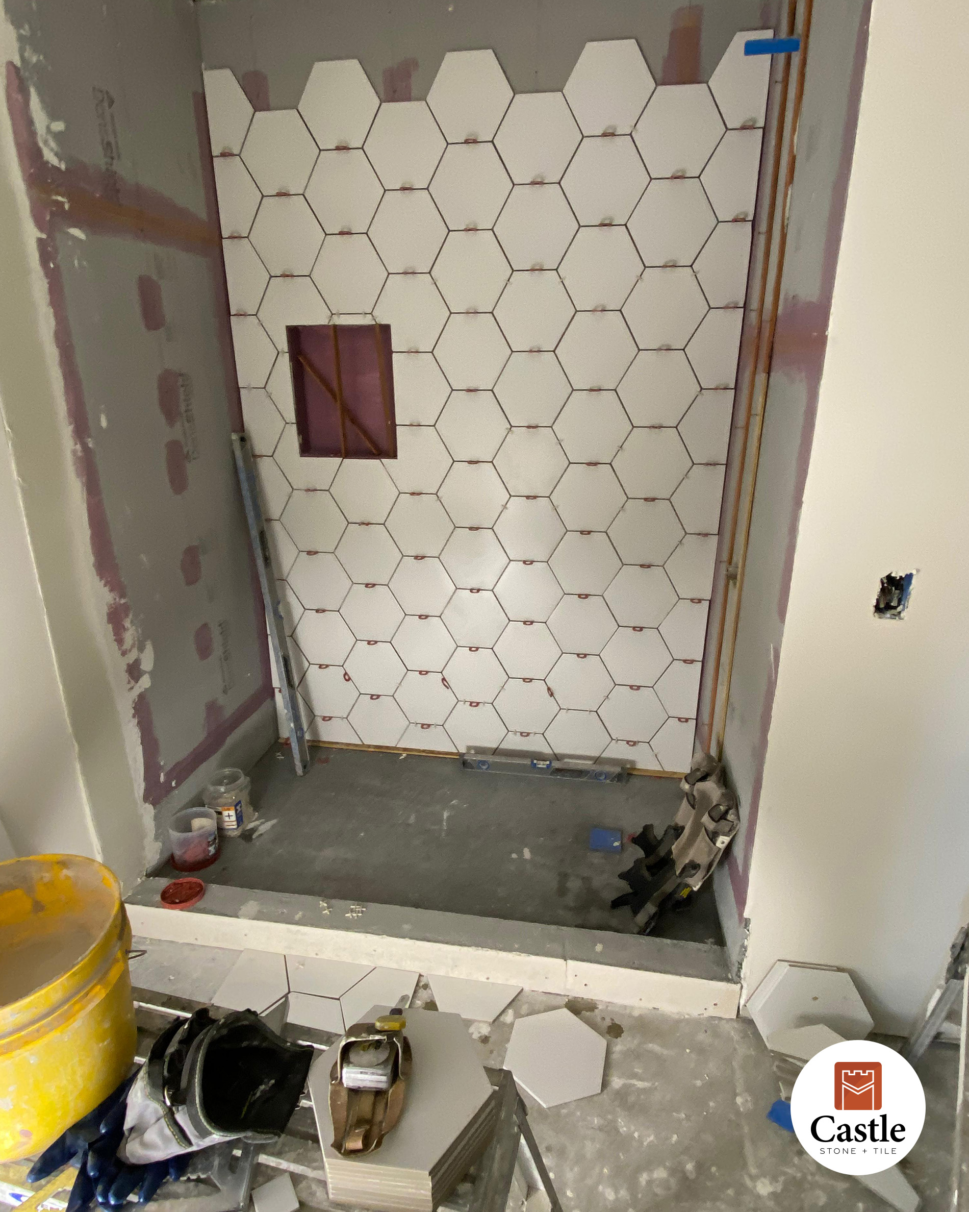 bathroom shower is white hexagon ceramic in Jamul CA 2