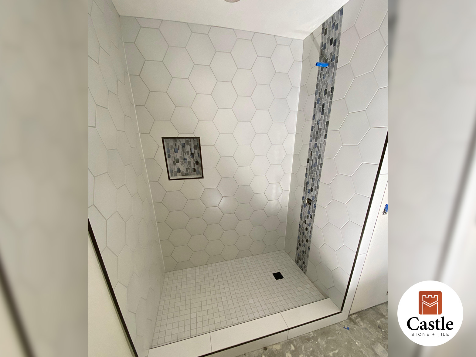 bathroom shower is white hexagon ceramic in Jamul CA Featured Image