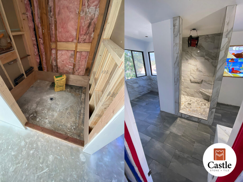In this Alpine, CA project, Castle Stone + Tile installed a sleek, modern walk-in shower using oversized 15”x30” porcelain slabs. This large-format design minimizes grout lines, creating a seamless, low-maintenance finish that visually expands the space.