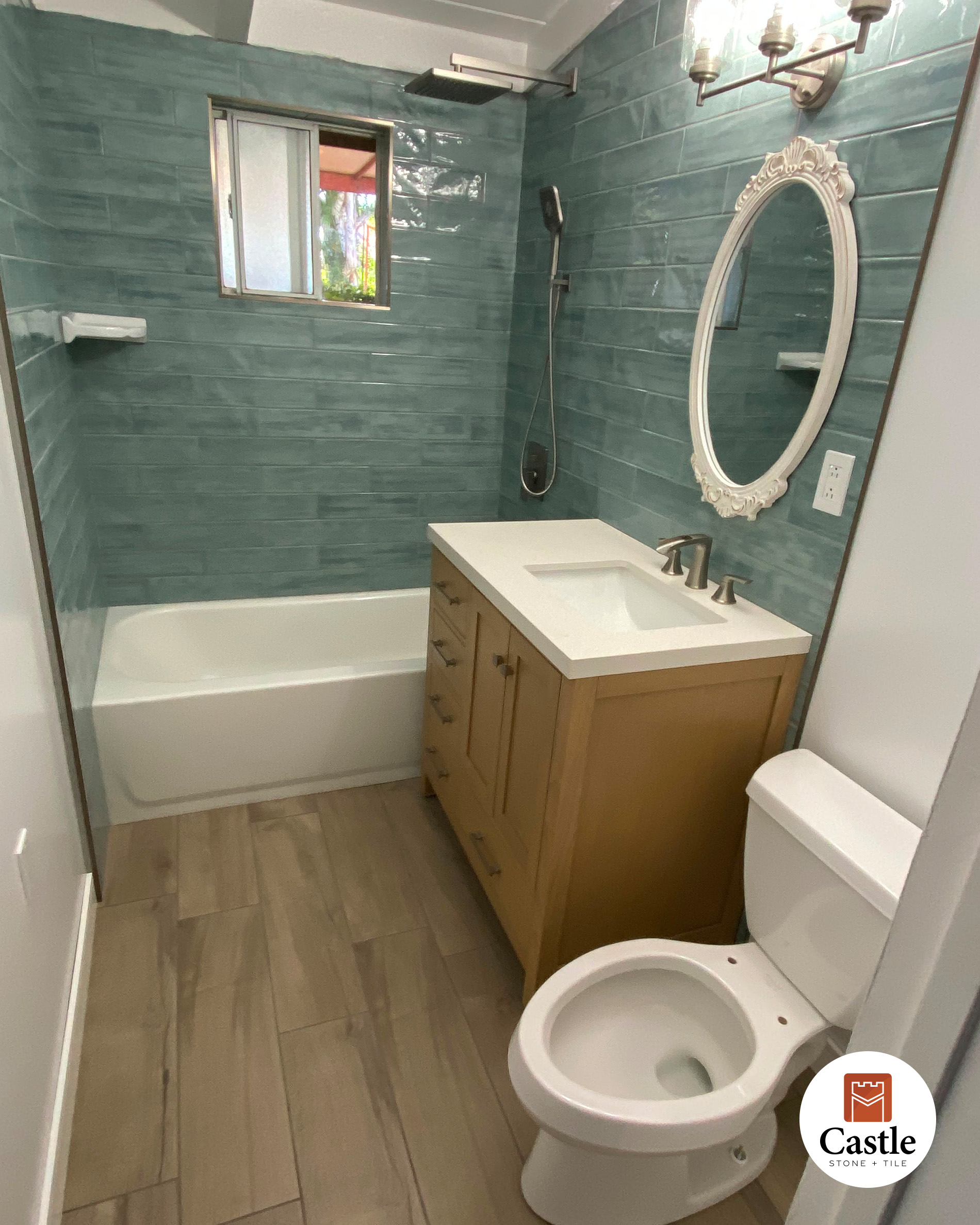 4x12 wall tile with wood look plank tile on floor Poway 7