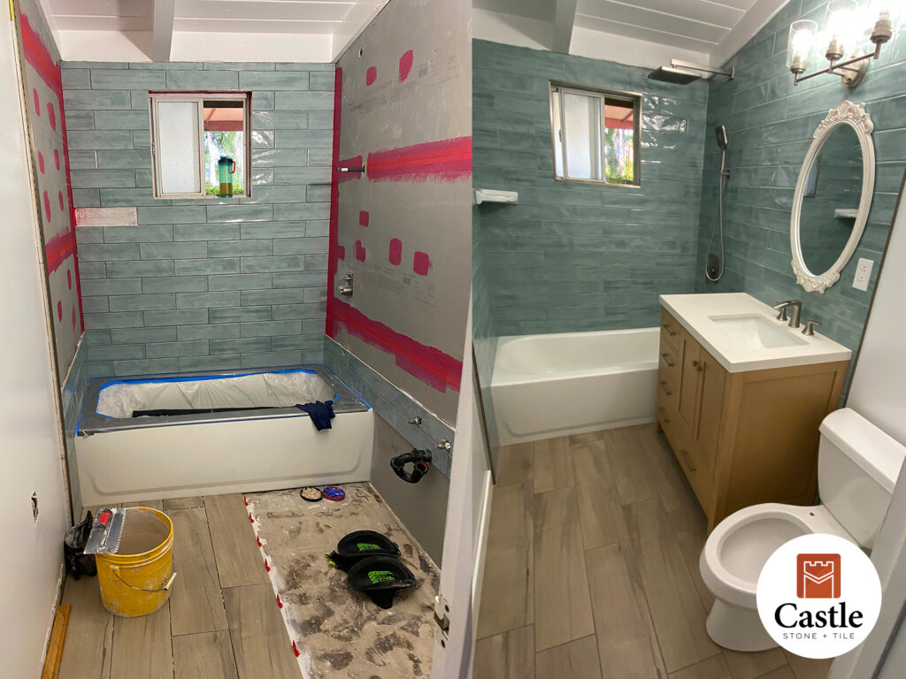 Poway Coastal Bathroom Transformation
Castle Stone + Tile transformed this Poway bathroom into a durable, coastal-inspired retreat by pairing 100% waterproof wood-look porcelain floors with vibrant, floor-to-ceiling 4”x12” sea-glass wall tiles.