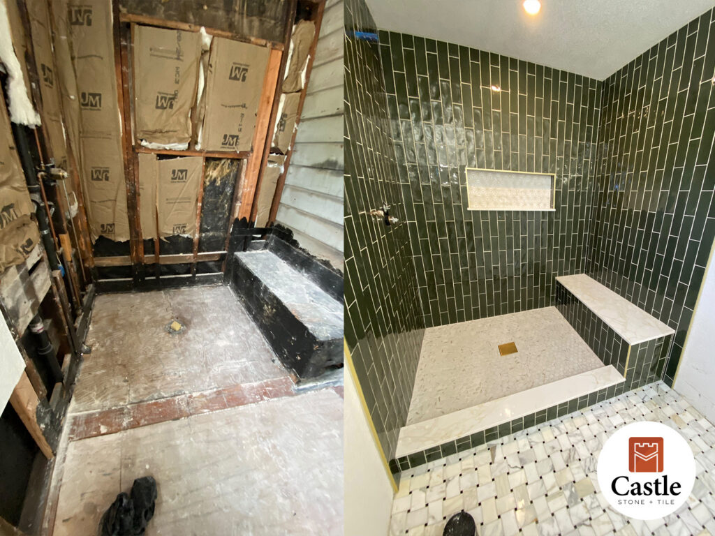 Castle Stone + Tile completely rebuilt this bathroom from the studs up, pairing vibrant, vertically stacked 3
