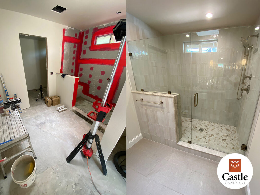 Castle Stone + Tile transformed this Carlsbad bathroom by masterfully blending distinct tile patterns, featuring a unique vertical 50% staggered 3”x12” wall design and a classic herringbone shower pan. Built upon a rigorously waterproofed foundation and seamlessly transitioning into a 12”x24” staggered brick floor, this custom space perfectly balances modern geometry with lifelong durability.